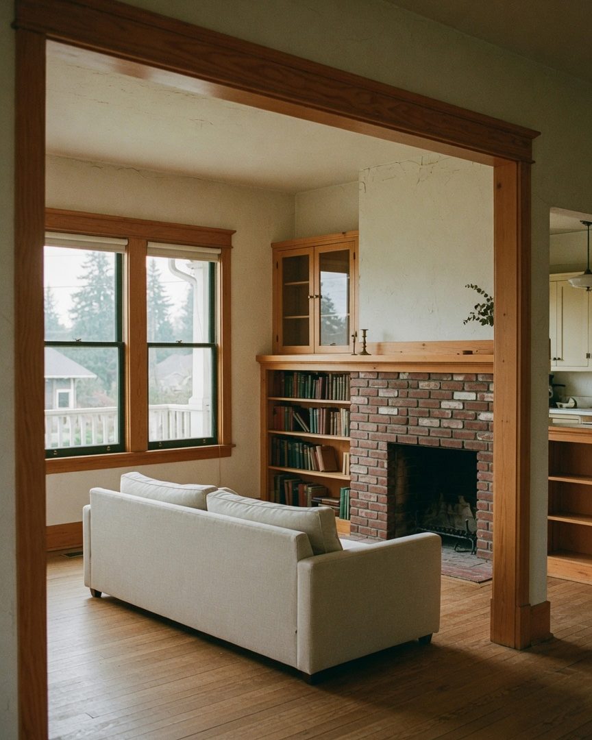 Restored craftsman living room with original Douglas fir millwork, a brick fireplace, and a view through to the kitchen