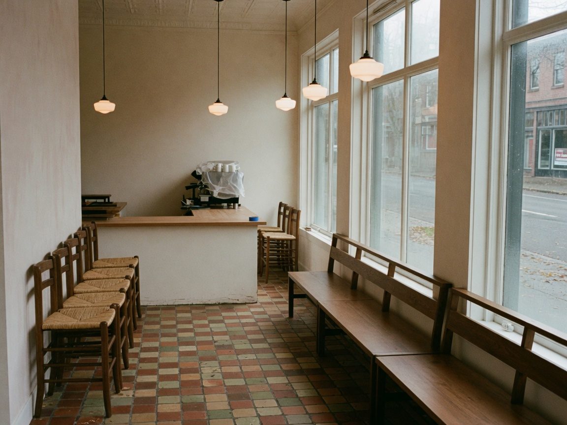 Just-finished neighborhood cafe interior with wood banquettes, plaster walls, and tile floor