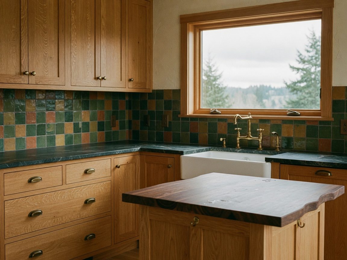 Custom kitchen with quarter-sawn white oak cabinets, soapstone counters, and a walnut island