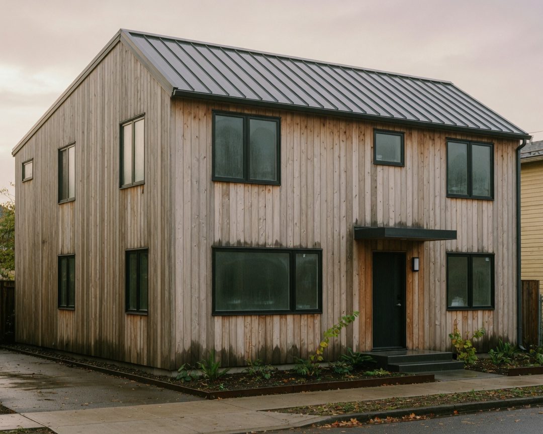 New two-story infill with standing-seam metal roof and weathered cedar board-and-batten, Sellwood