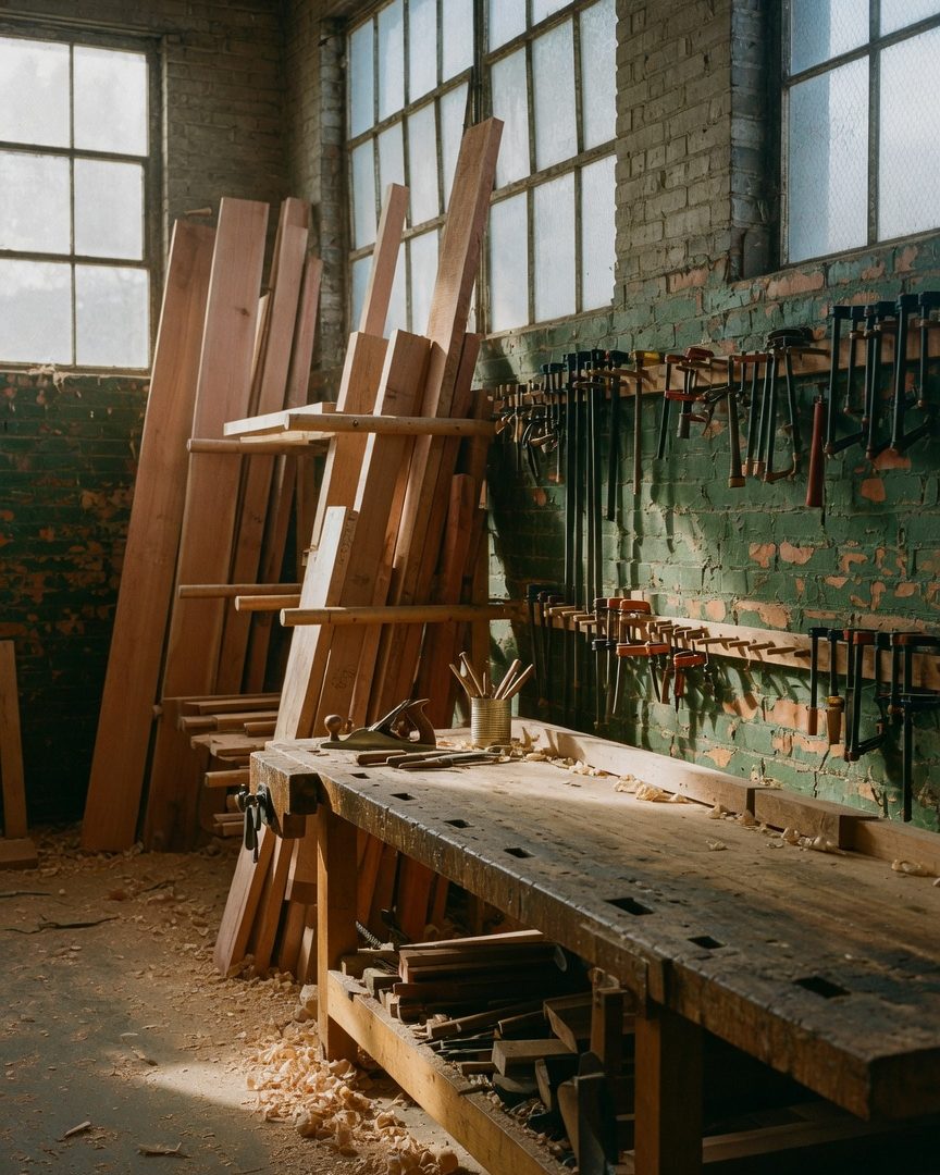 The Kora carpentry shop: Douglas fir stock, a scarred workbench, and afternoon light through industrial windows